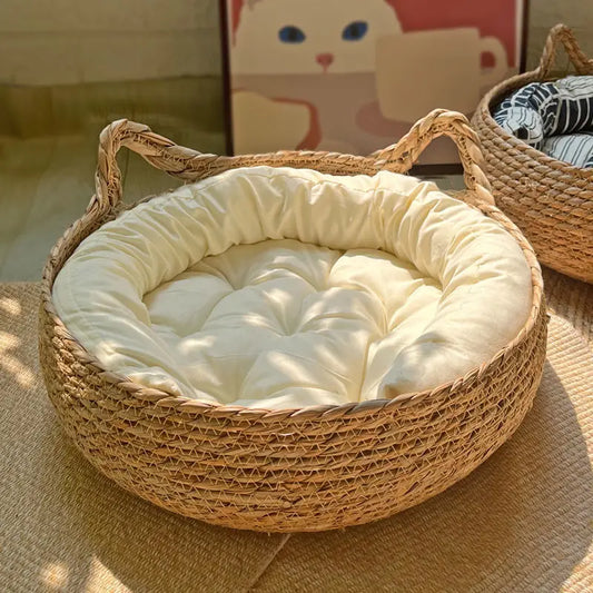 OUZEY Rattan Weaving Cat Basket Pet Bed With Cushion