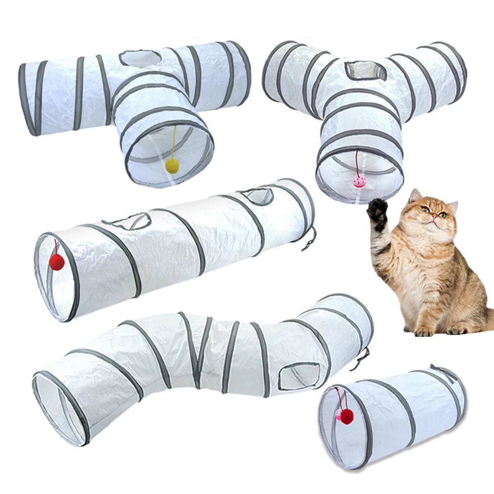 White Foldable Cat Tunnel for Interactive Play