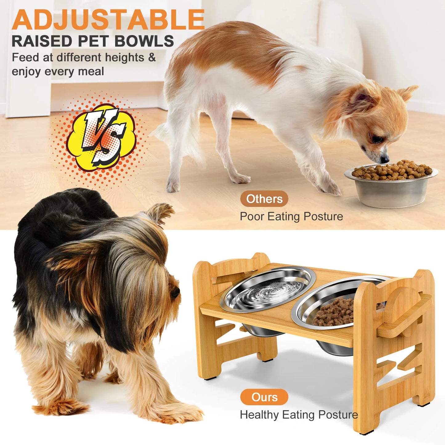 Elevated Stainless Steel Dog Bowls with Bamboo Stand