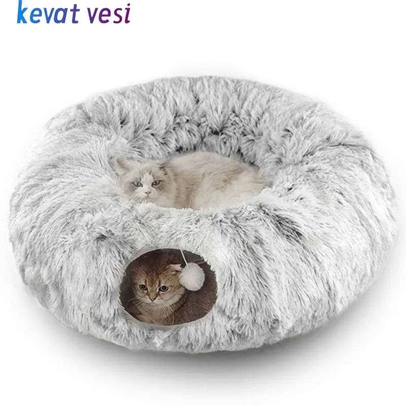 Plush Collapsible Donut Cat Bed with Tunnel for Indoor Cats