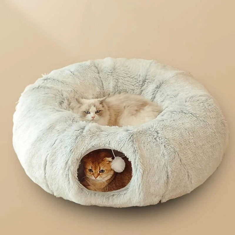 Plush Collapsible Donut Cat Bed with Tunnel for Indoor Cats