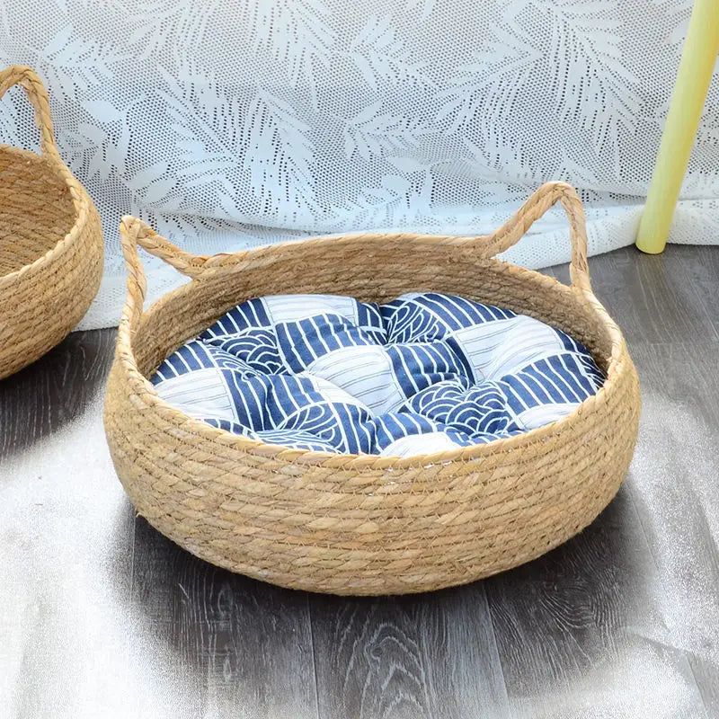 OUZEY Rattan Weaving Cat Basket Pet Bed With Cushion