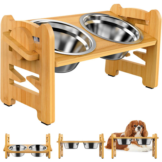 Elevated Stainless Steel Dog Bowls with Bamboo Stand