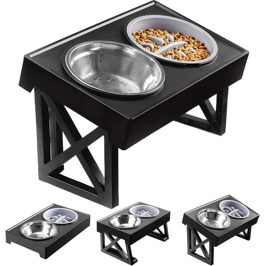 Pet Stainless Steel Feeder Double Bowl, 3-level Adjustable Folding Pet Elevated Bowl Suitable for Small, Medium and Large Pets