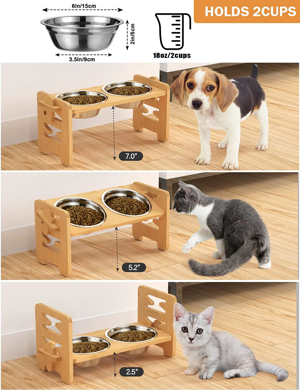 Elevated Stainless Steel Dog Bowls with Bamboo Stand