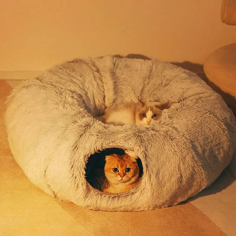 Plush Collapsible Donut Cat Bed with Tunnel for Indoor Cats